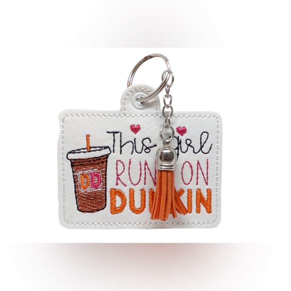 NEW Embroidered “This Girl Runs On DUNKIN” Coffee Faux Leather Keychain - Picture 2 of 5